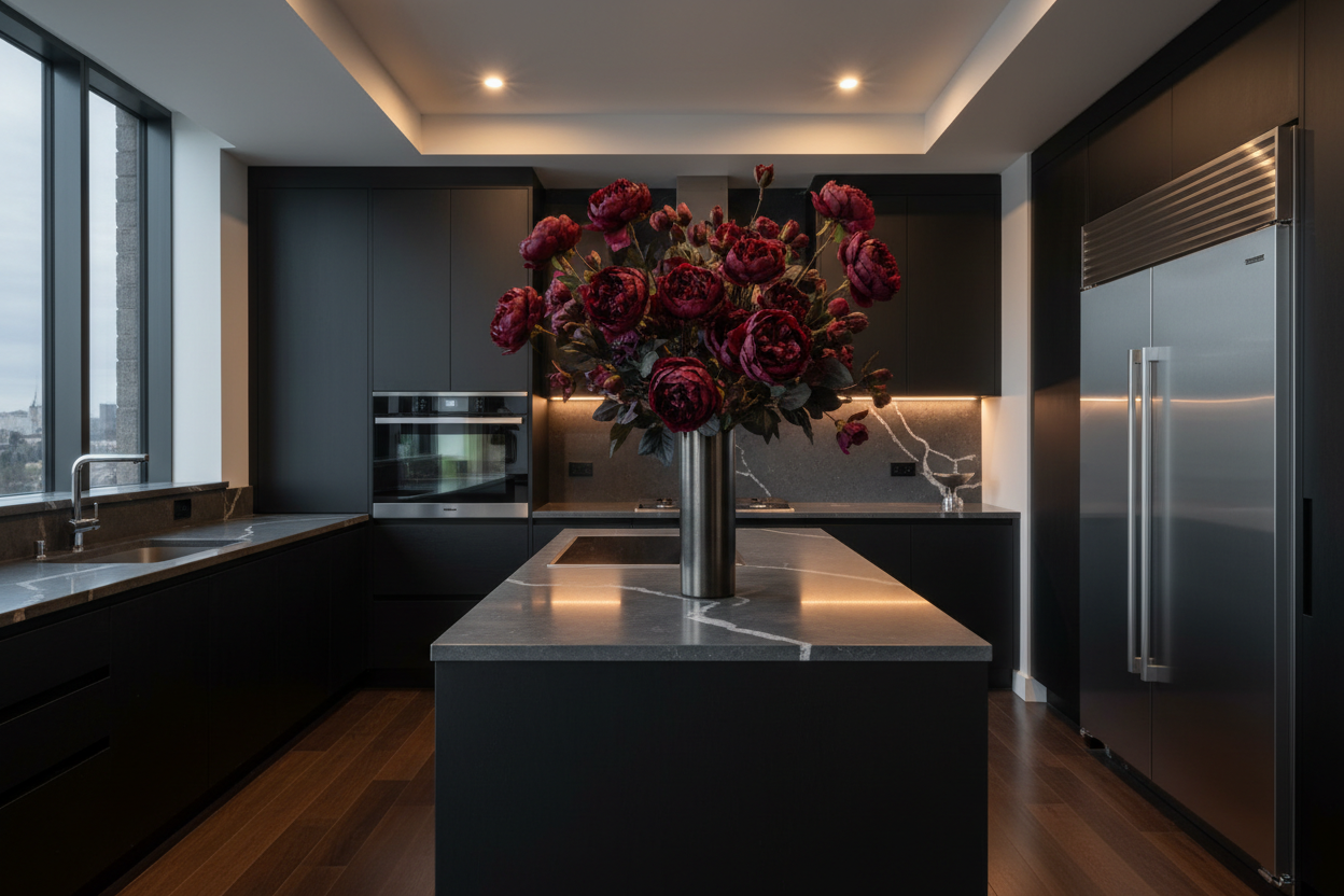 Luxe keuken met bordeaux boeket