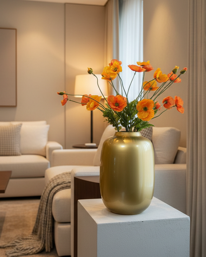 Saffraan klaprozenboeket in luxe woonkamer